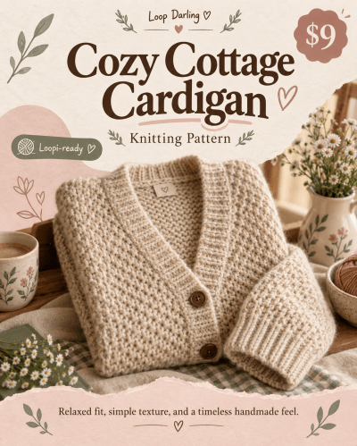 AI-generated demo artwork for Cozy Cottage Cardigan; no pattern download exists