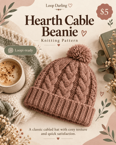 AI-generated demo artwork for Hearth Cable Beanie; no pattern download exists