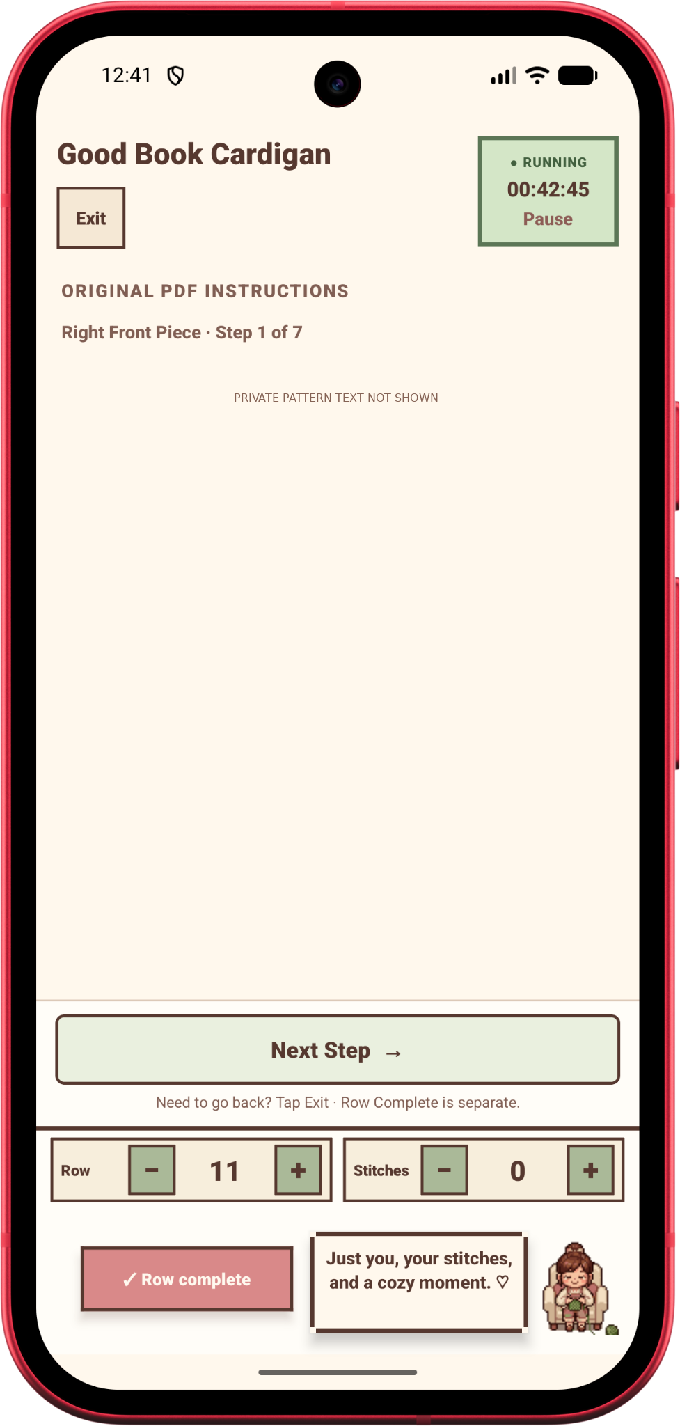 Real Loop Darling Android beta Focus Mode screen with an independent Next Step, Row Complete, counters and Loopi, imported pattern text concealed.