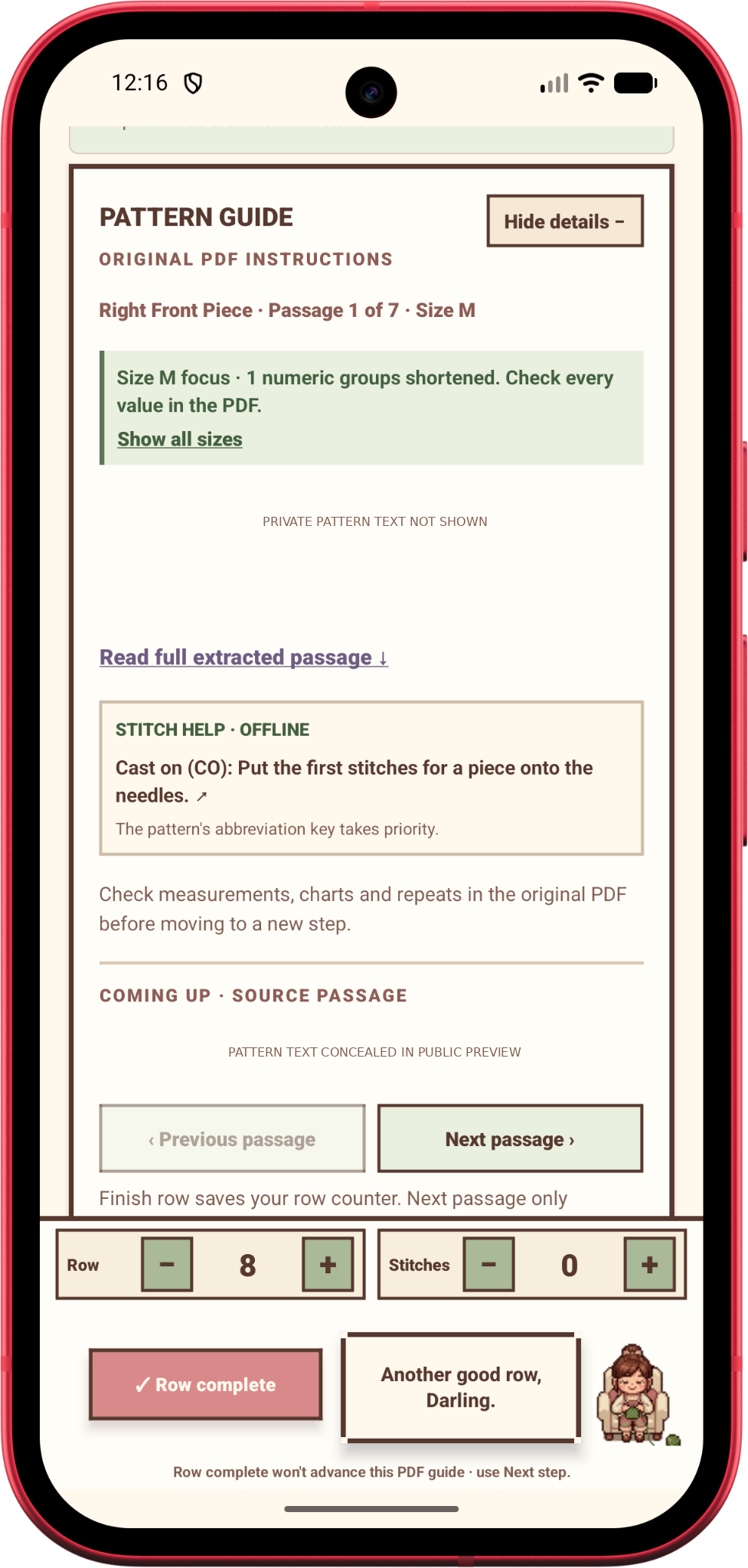 Real Loop Darling Android beta Pattern Guide showing source warnings, selected size, offline stitch help and navigation, with imported PDF directions concealed.