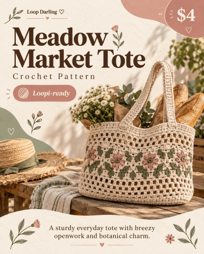 AI-generated demo artwork for Meadow Market Tote; no pattern download exists